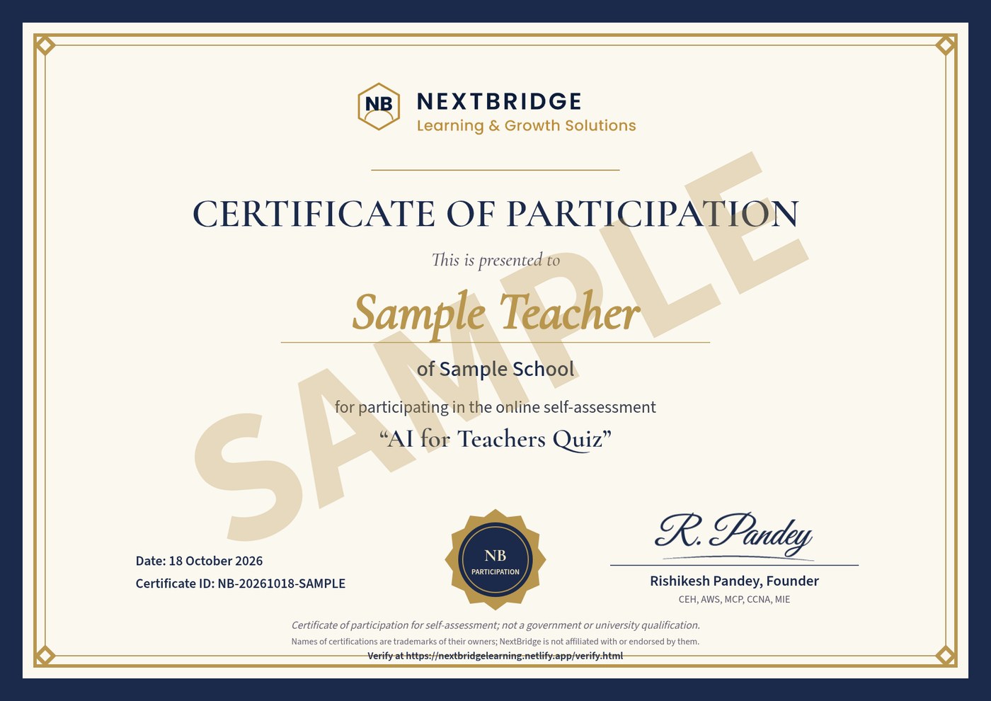 Sample NextBridge Certificate of Participation